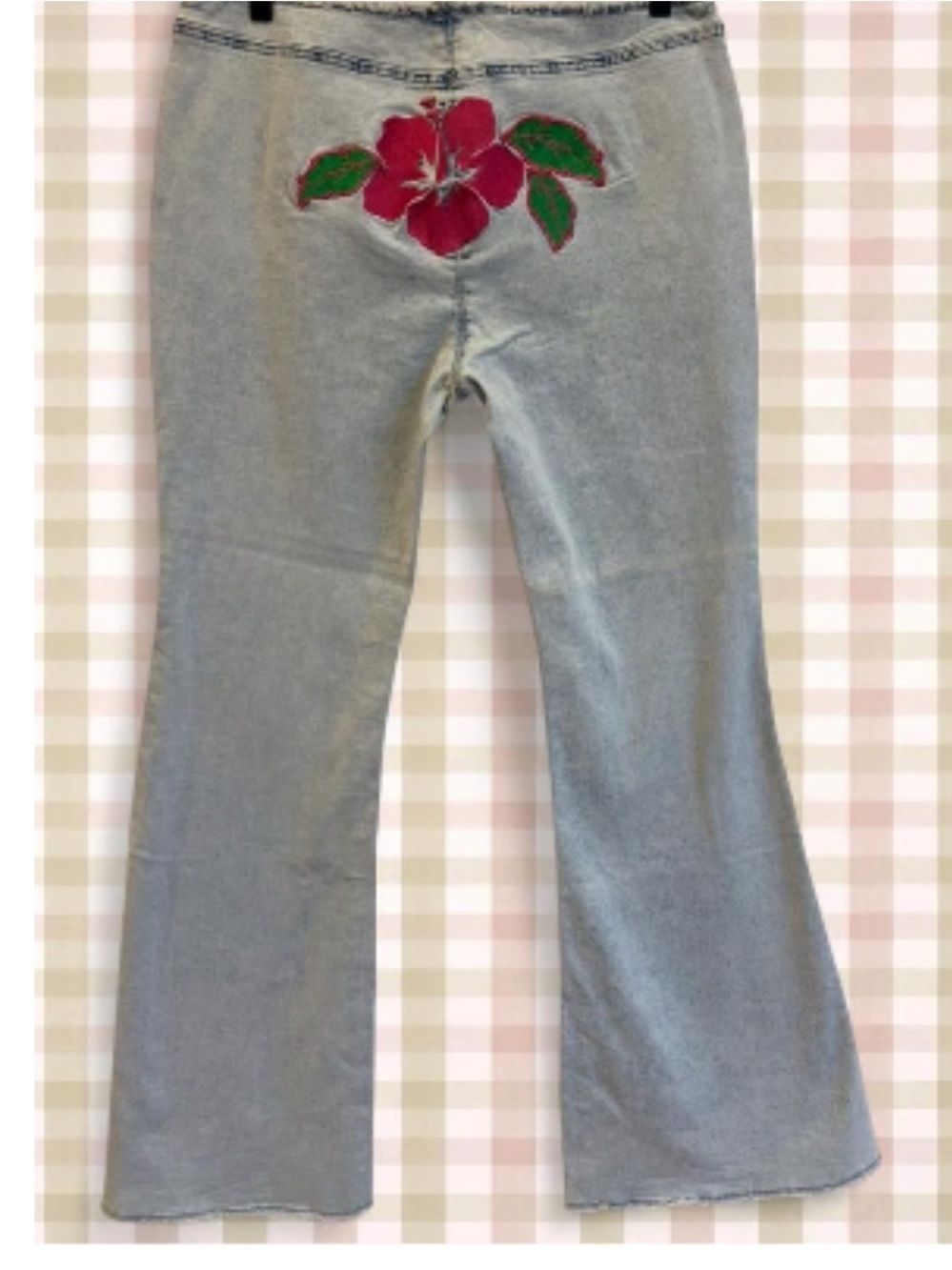 Club Exx Dolls Kill Light Blue Flare Jeans with Red & Green Floral Embroidery
